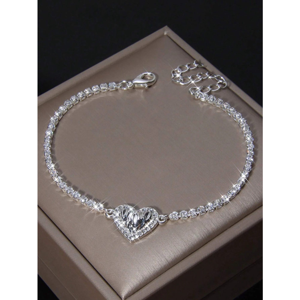 Shinny Bracelet Silver-Finish Pleated with Rhinestone-Filled Heart Pendant....SH